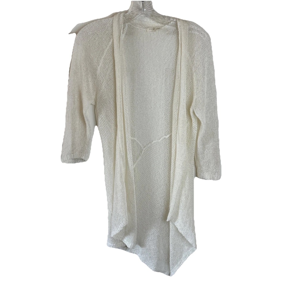 Eileen Fisher Cardigan Sweater Womens Medium Beige Long Lightweight Linen Tie
